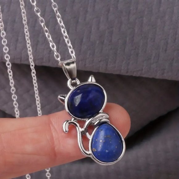 Lapis Lazuli Natural Stone Cute Cat Pendant Necklace - Picture 4 of 5